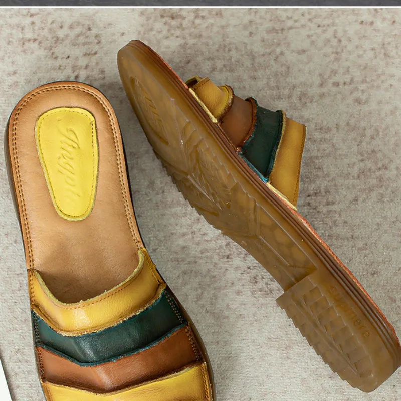 Women's Summer Retro Genuine Leather Slippers Comfortable Soft Sole Anti-Slip Sandals