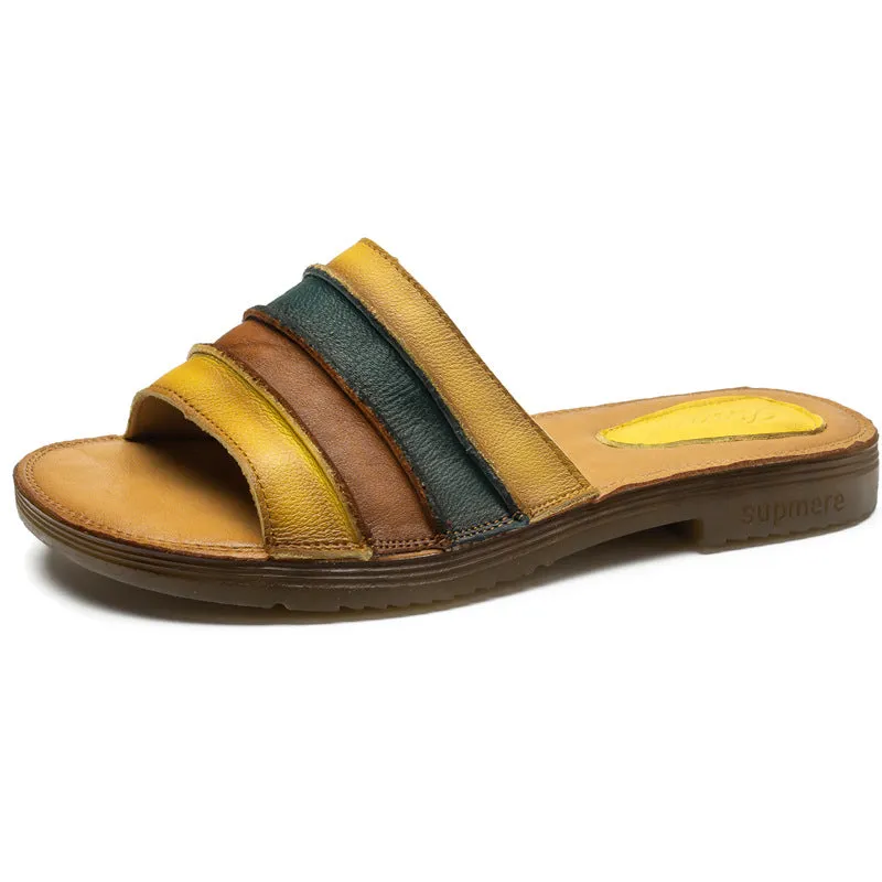 Women's Summer Retro Genuine Leather Slippers Comfortable Soft Sole Anti-Slip Sandals