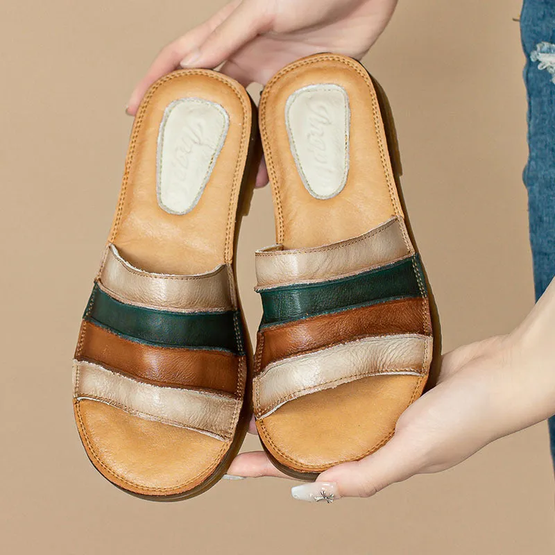 Women's Summer Retro Genuine Leather Slippers Comfortable Soft Sole Anti-Slip Sandals