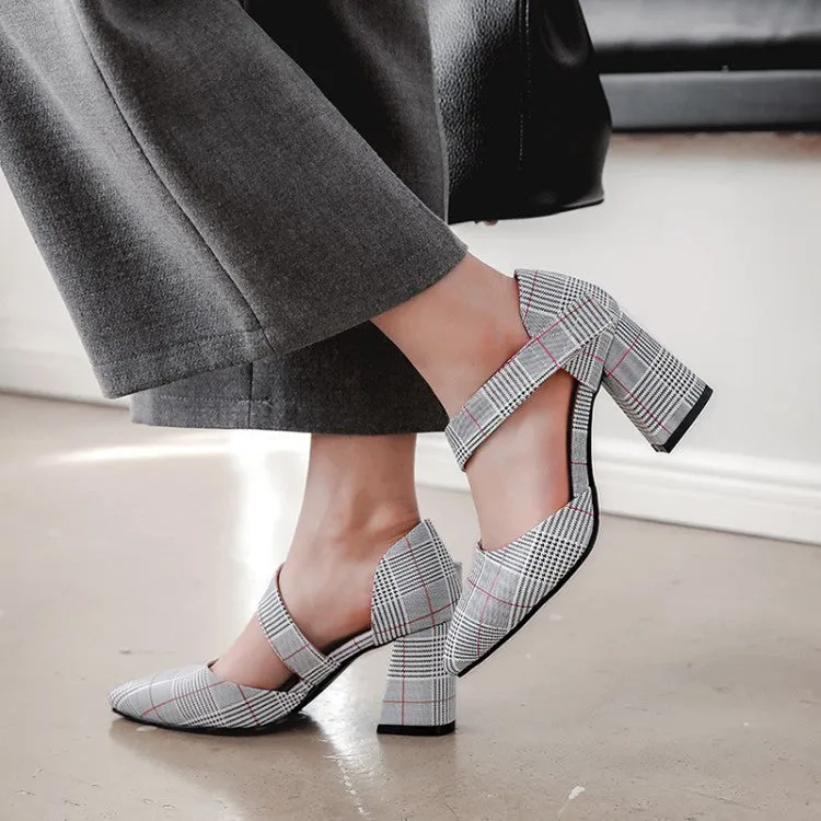 Women's's Pointed Toe Plaid Strap Block High Heel Sandals