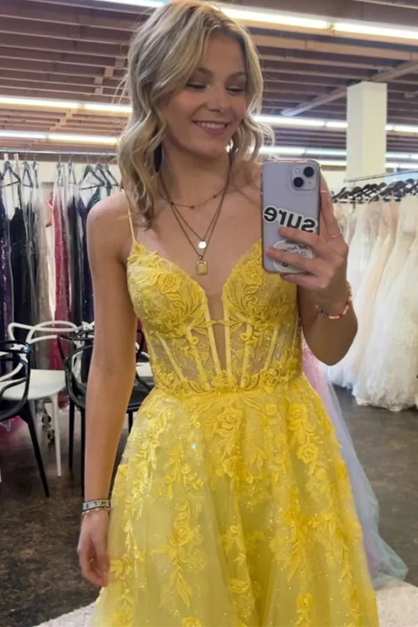 Yellow Spaghetti Straps A-line Lace Appliques Prom Dress TP1256