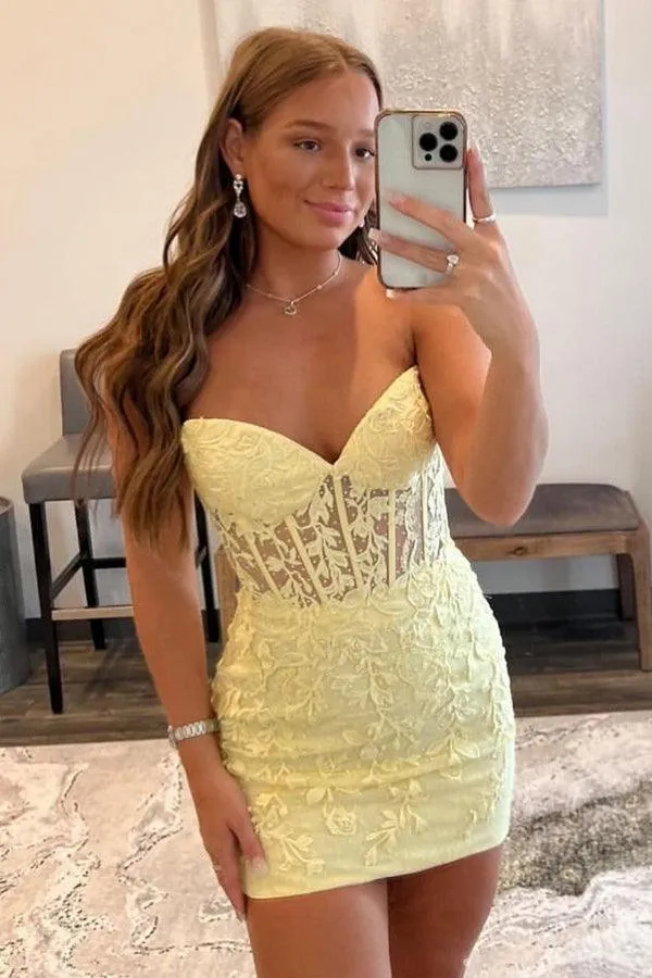 Yellow Sweetheart Tulle Lace Short Prom Dress Homecoming dress HD0139